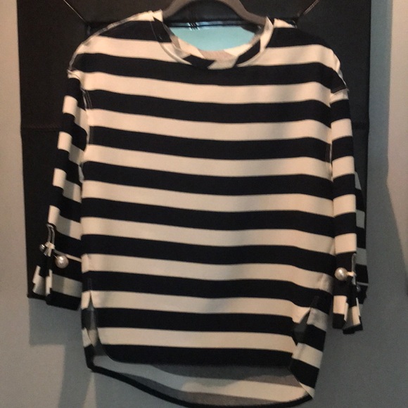 Zara shirt navy/white stripe with pearl hooks! - Picture 1 of 4